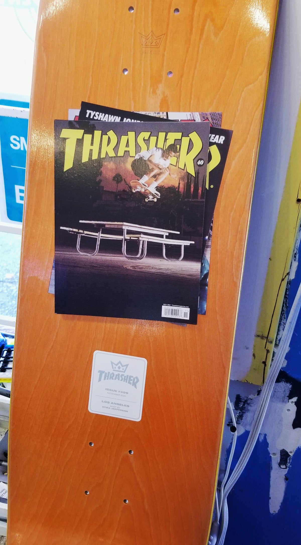 Signed limited edition Thrasher skateboard deck 8.5in.